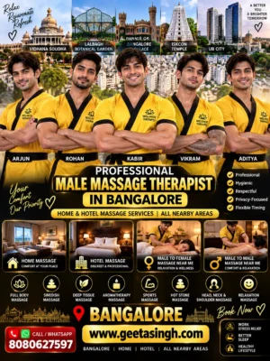 Professional team of five male massage therapists in Bangalore wearing yellow uniforms