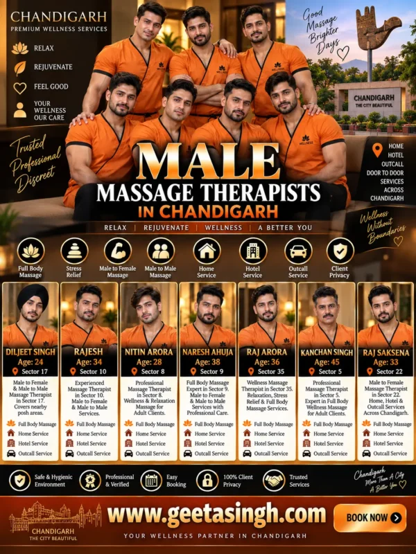 Professional male wellness massage therapist team in Chandigarh wearing orange uniforms
