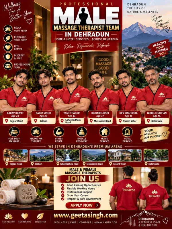 Professional male massage therapist team in Dehradun wearing red uniforms with male and female Join Us section