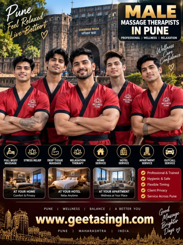 Professional male massage therapist team in Pune wearing red uniforms and offering wellness services