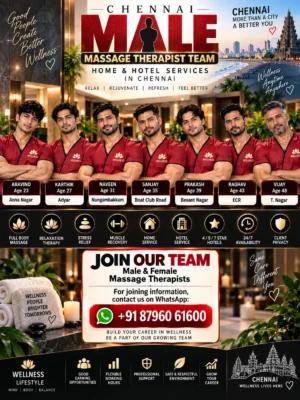 Professional male massage therapist team in Chennai serving home and hotel wellness appointments